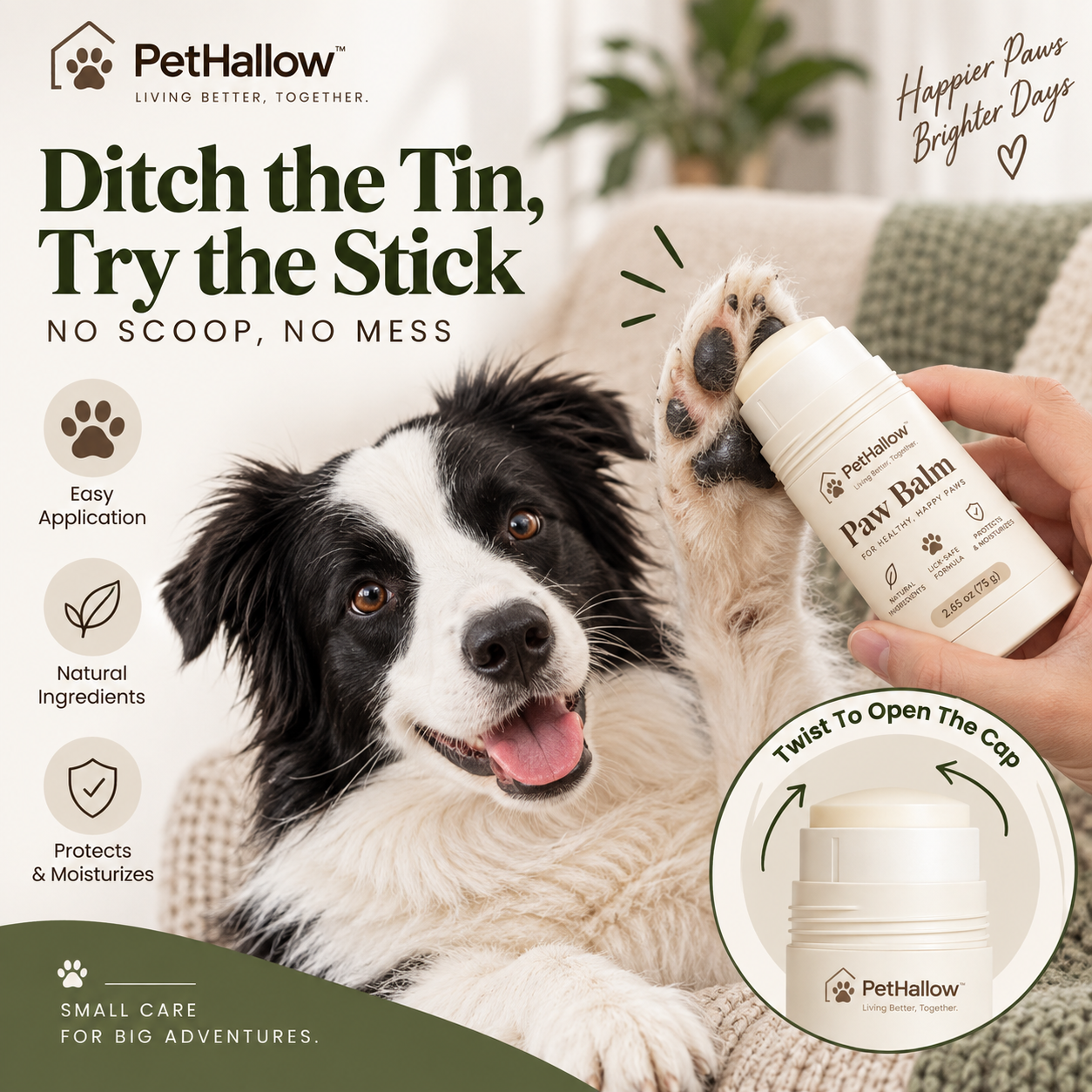 Twist-up Paw Balm concept shown near a dog's paw